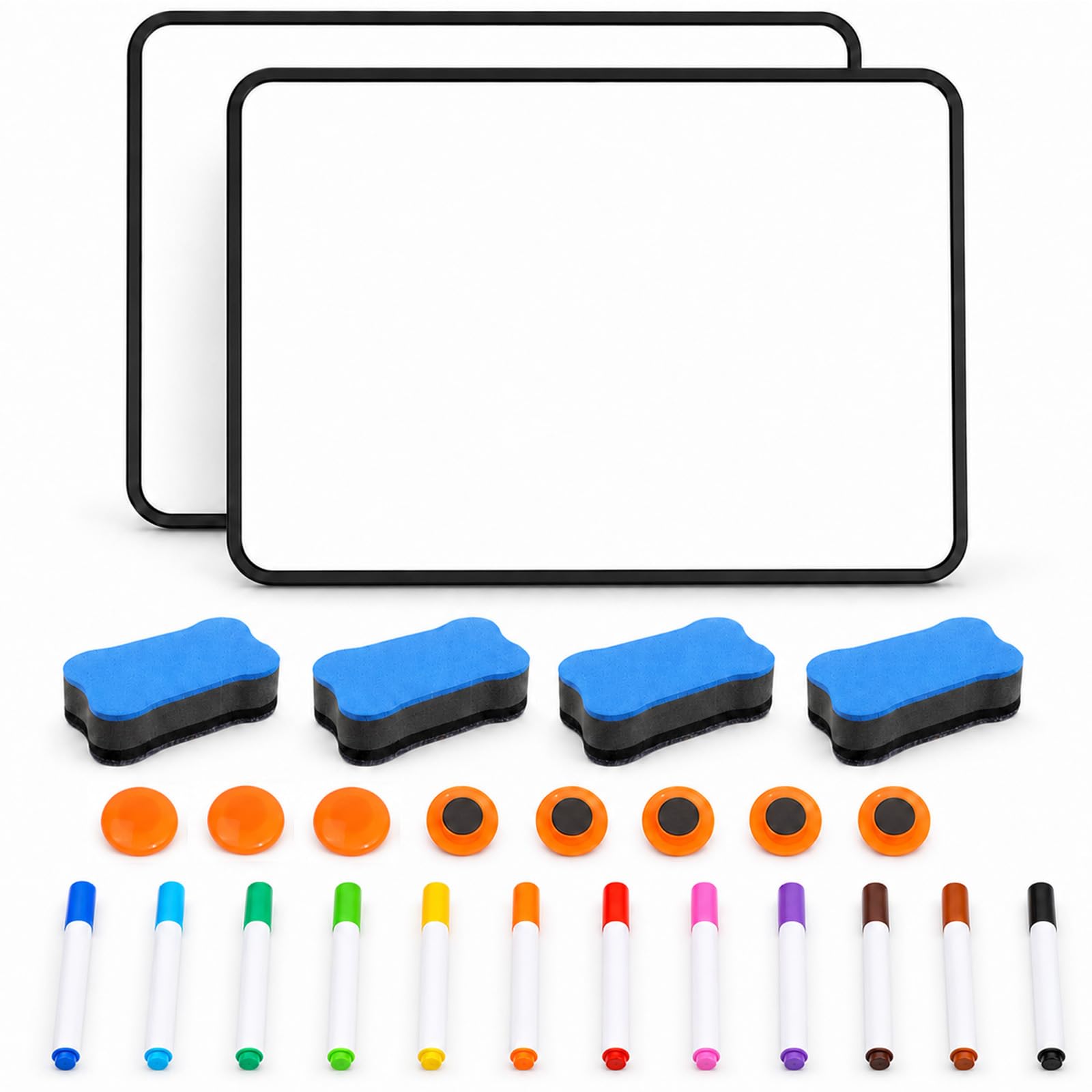 26PCS Magnetic Whiteboard Set, Includes 2 A4 Whiteboards, 4 Blue Erasers, 8 Orange Magnetic Clips and 12 MagneticMarkers, Durable and Portable, Ideal for Use in the Office, at Home and in the Classro