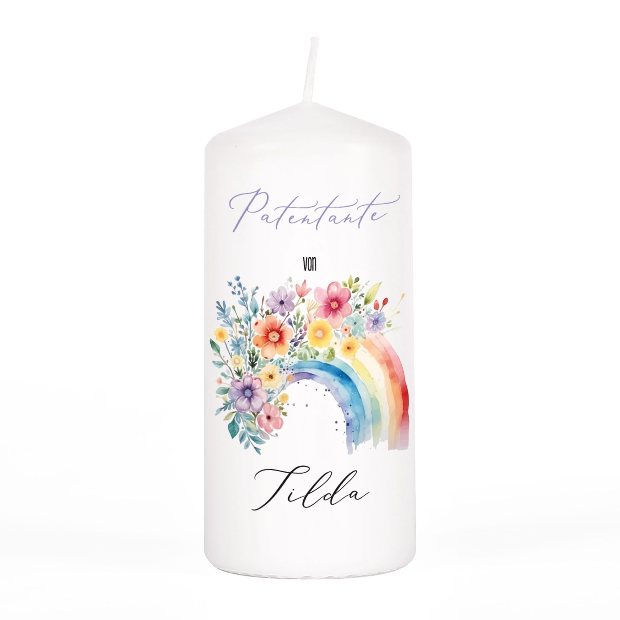 Striefchen® Personalisierbare Kerze zur Taufe, Kommunion oder Firmung – Regenbogenmotiv mit Wunschtext – Weiß – Größenauswahl – Geschenkidee religiöse Anlässe (6,7  x 15 cm (Ø/H))