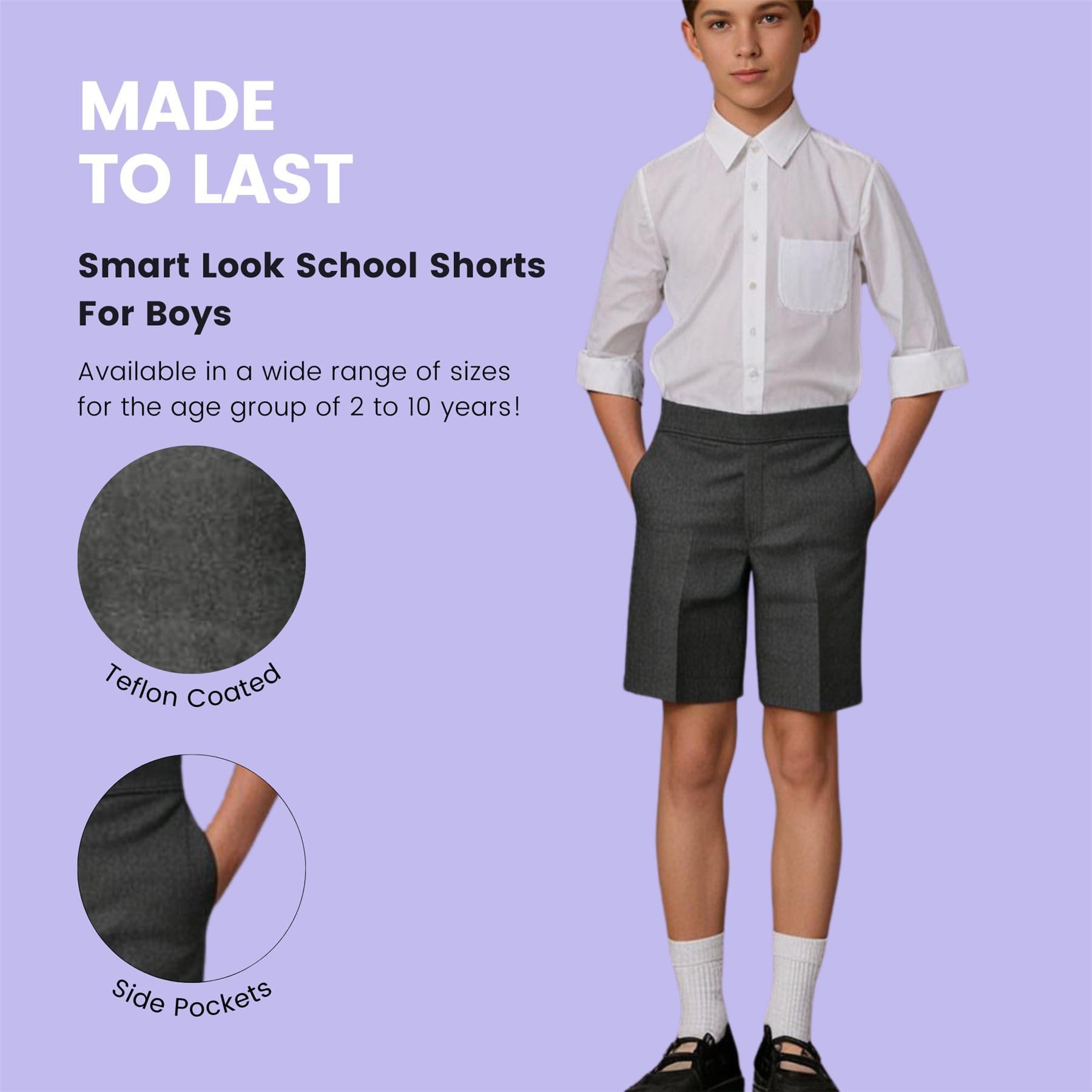 Pantalones cortos de uniforme escolar para niños, paquete de 3 unidades, longitud hasta la rodilla, parte trasera elástica, con revestimiento de teflón, pantalones cortos con bolsillos, de