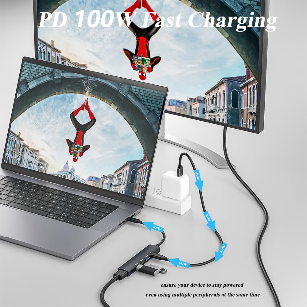 Hub USB C 5 w 1 z HDMI 4K, adapter PD 100 W, szybkie ładowanie typu C, wieloportowy konwerter USB C, kompatybilny z Windows, MacOS, Linux; obsługuje MacBook Air/Pro/M1/M2