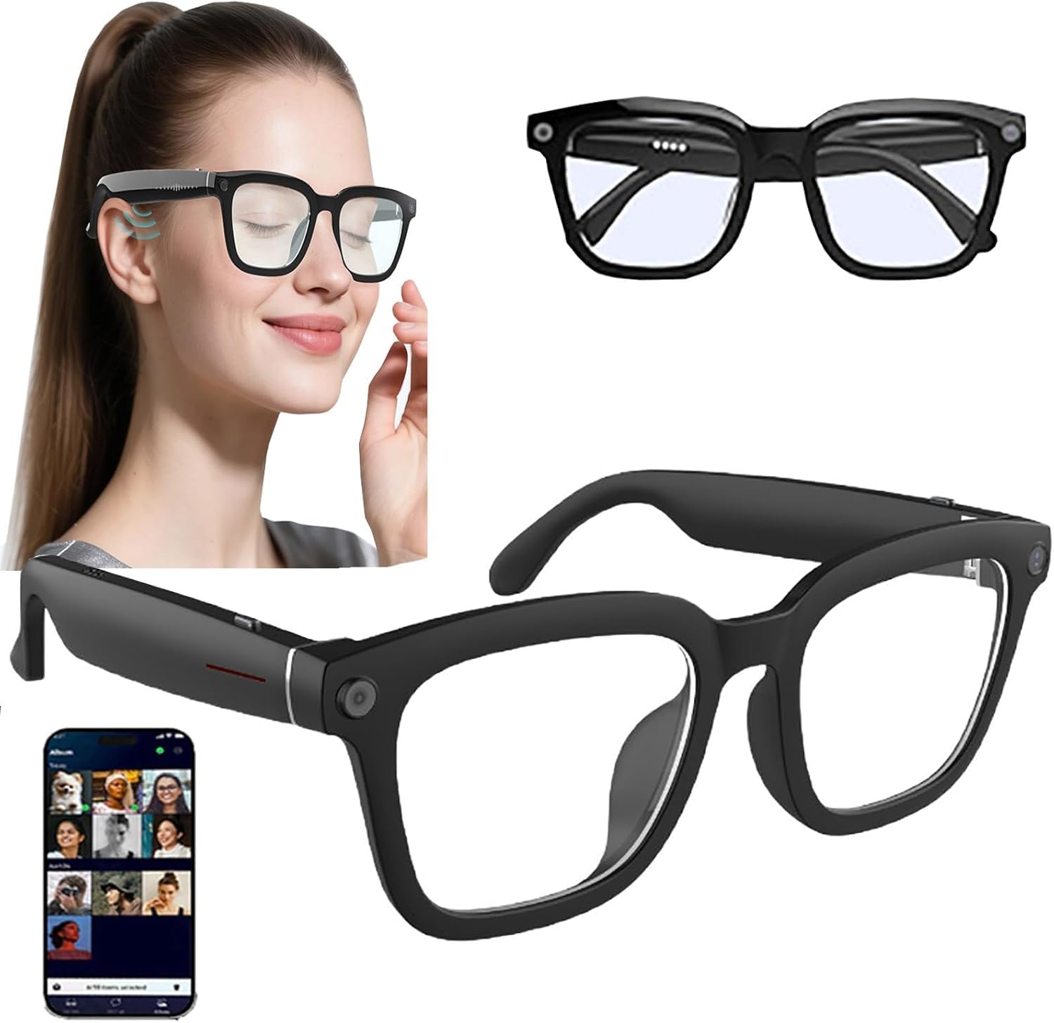 Inteligentne okulary AI z kamerą, dźwięk Bluetooth, tłumaczenie w czasie rzeczywistym, asystent głosowy, nagrywanie wideo 1080p, do podróży i spotkań, czarne