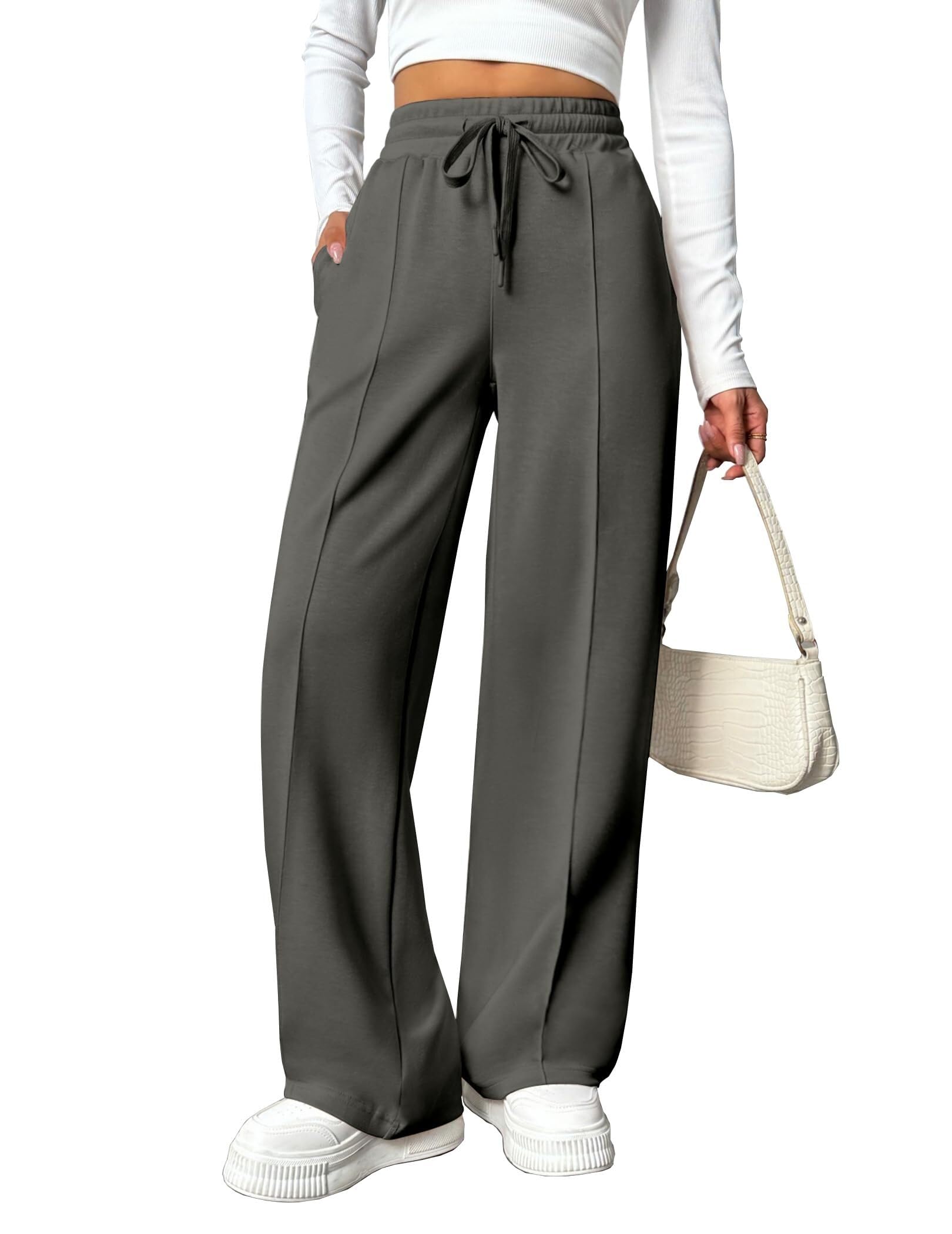 PINSPARK Damen Jogginghose High Waist Sporthose Weites Bein Sweatpants mit elastischem Bund Yogahose Trainingshose Fitness Sweathose Baggy Freizeithose mit Taschen Dunkelgrau L