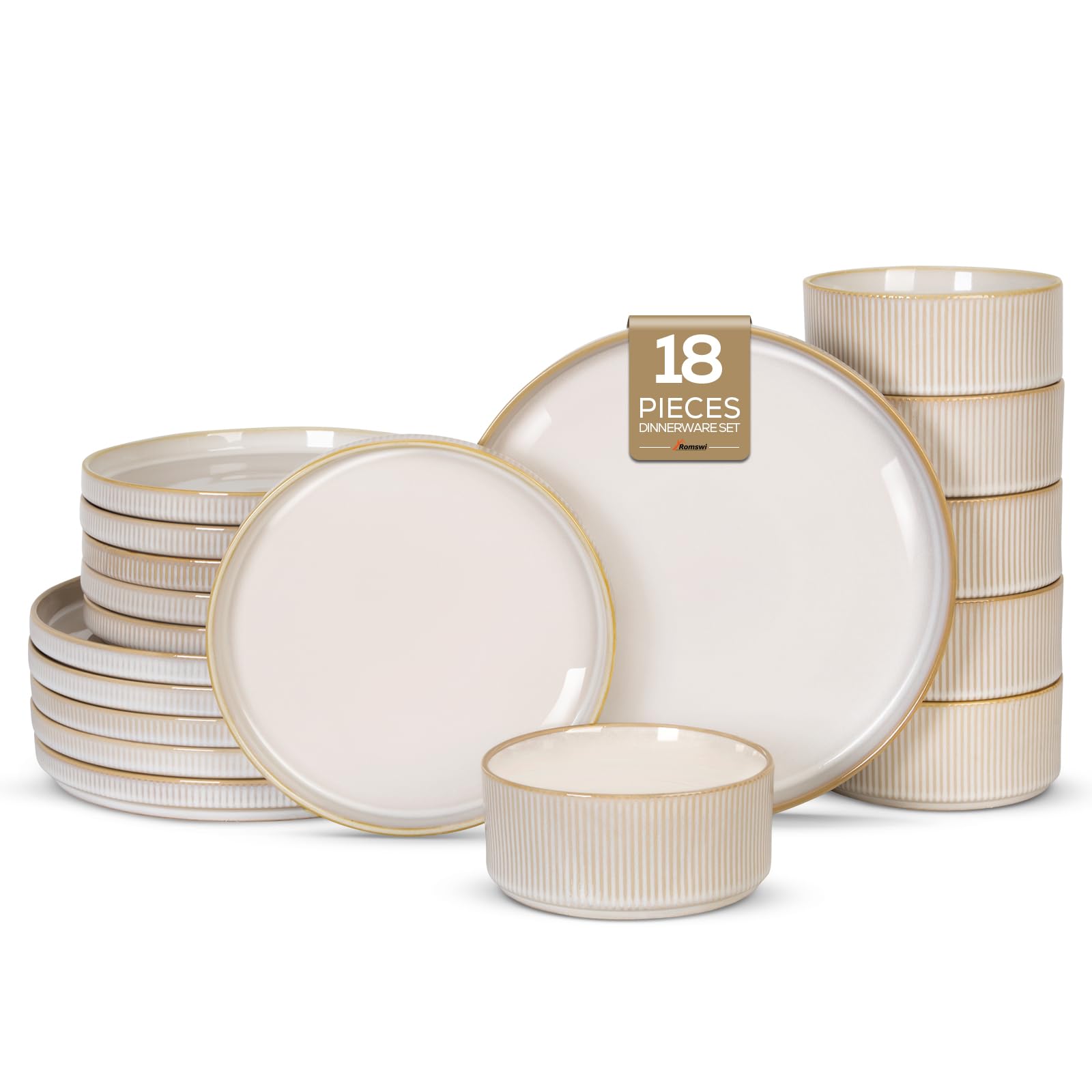 Romswi Stoneware 18Pcs Ribbed Dish Set