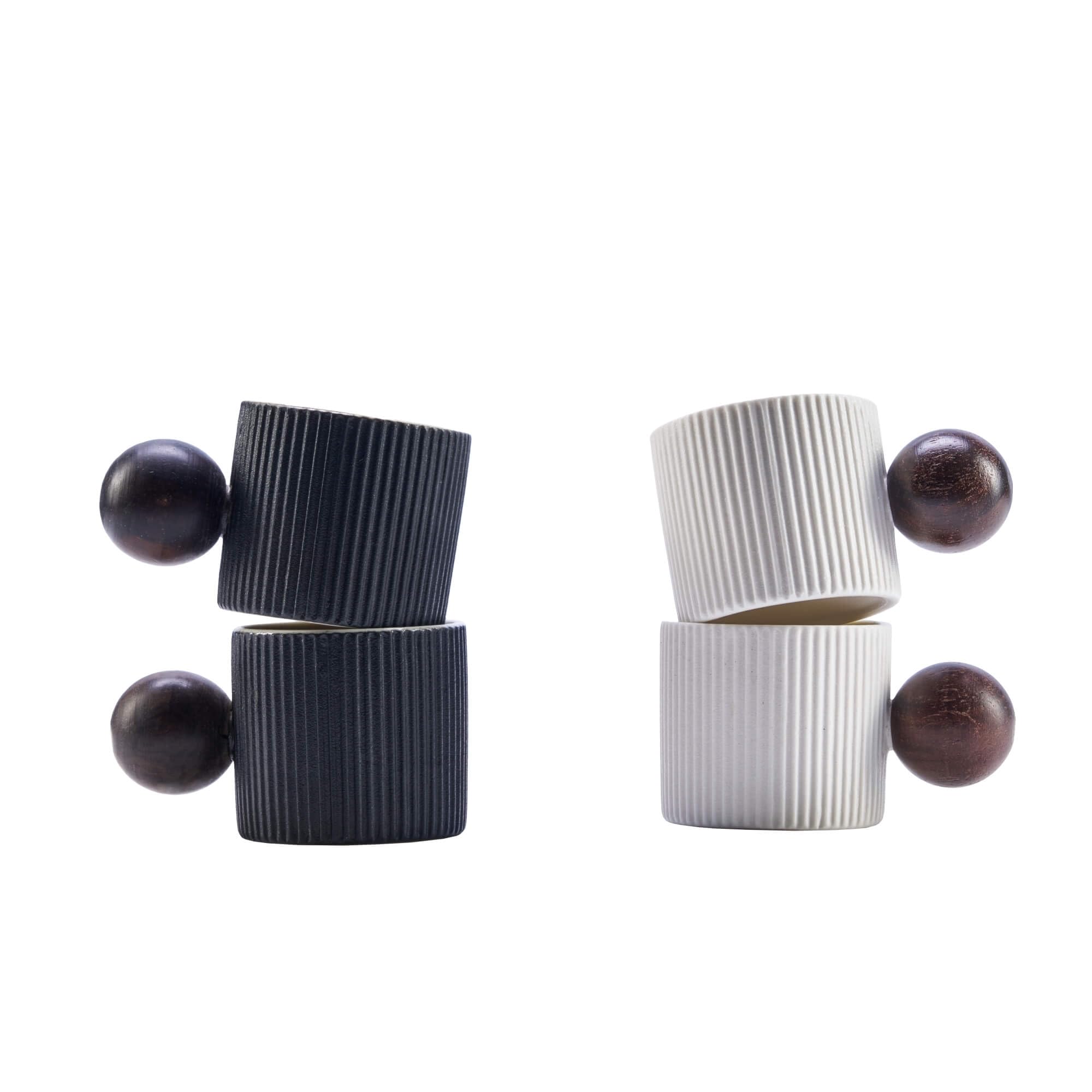 Ceramic Mini Espresso Cups Demitasse Cups with Round Wooden Handle Vertical Stripes Tea Cups (Black/White, 4pcs)