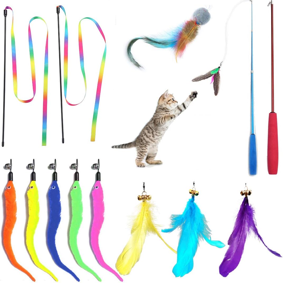 Scettar Cat Fishing Pole Toy,14 Pcs Cat Toys Interactive with 2 Pole 10 Replacement 2 Cat Robbin Worm DA Bird Toy Ball Wand Toy for…