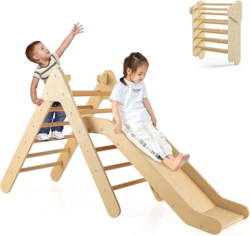 OLAKIDS Pikler - Juego de triángulos 2 en 1, juguetes de escalada para niños pequeños, plegable de madera Montessori Baby Jungle Gym con rampa de