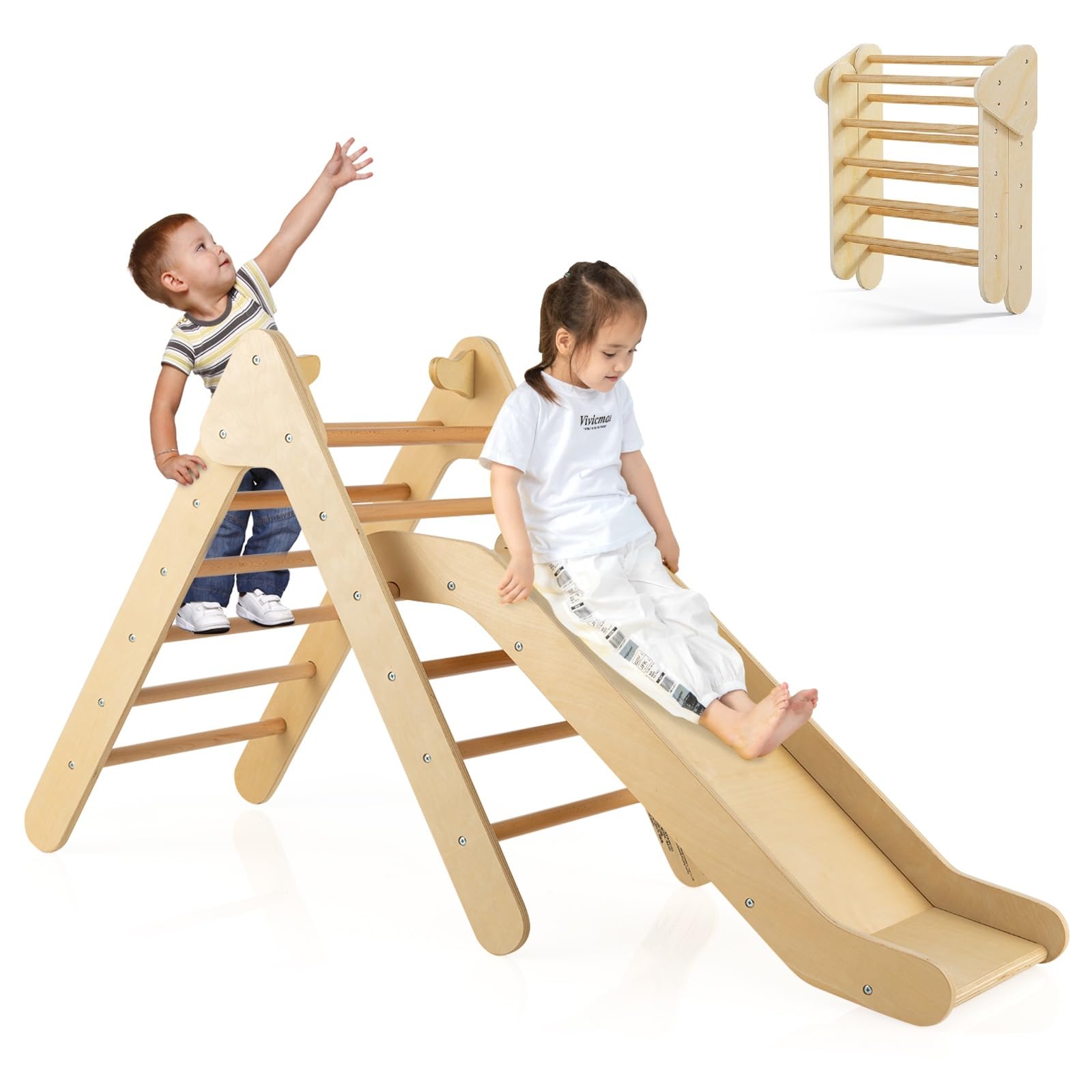 OLAKIDS Pikler Triangle Set 2 in 1 Climbing Toys for Toddlers Foldable Wood Montessori Baby Jungle Gym with Ladder Ramp Slide Kids Indoor Playground Activity Play Structure - indoor climbers and play structures | Mubboo