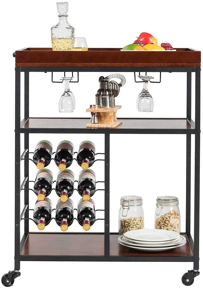 OGFC 45131 Kitchen Island Cart Rolling Trolley 3-Tier Industrial Style Serving Trolley Utility Kart Wood Kitchen Stand with Glasses Holder and 9 Wine Bottles Rack Metal Frame and Castors 2