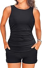 Tankini Swimsuits with Shorts - Two Piece Tummy Control Bathing Suits High Neck Swimwear with Two Side Pockets
