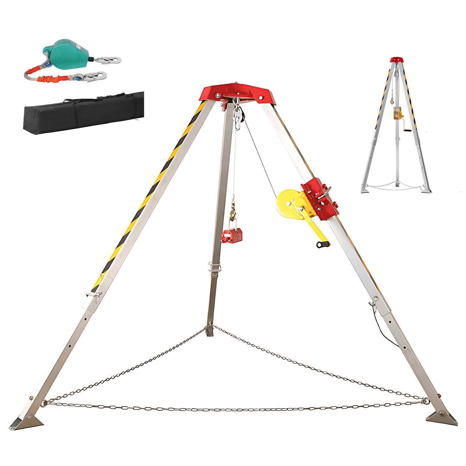 Trépied robuste pour interventions en espaces confinés et sauvetage en milieu égoutier – Capacité de charge de 544/816/1179 kg, fonctionnement manuel, kit antichute et treuil inclus, sacs de