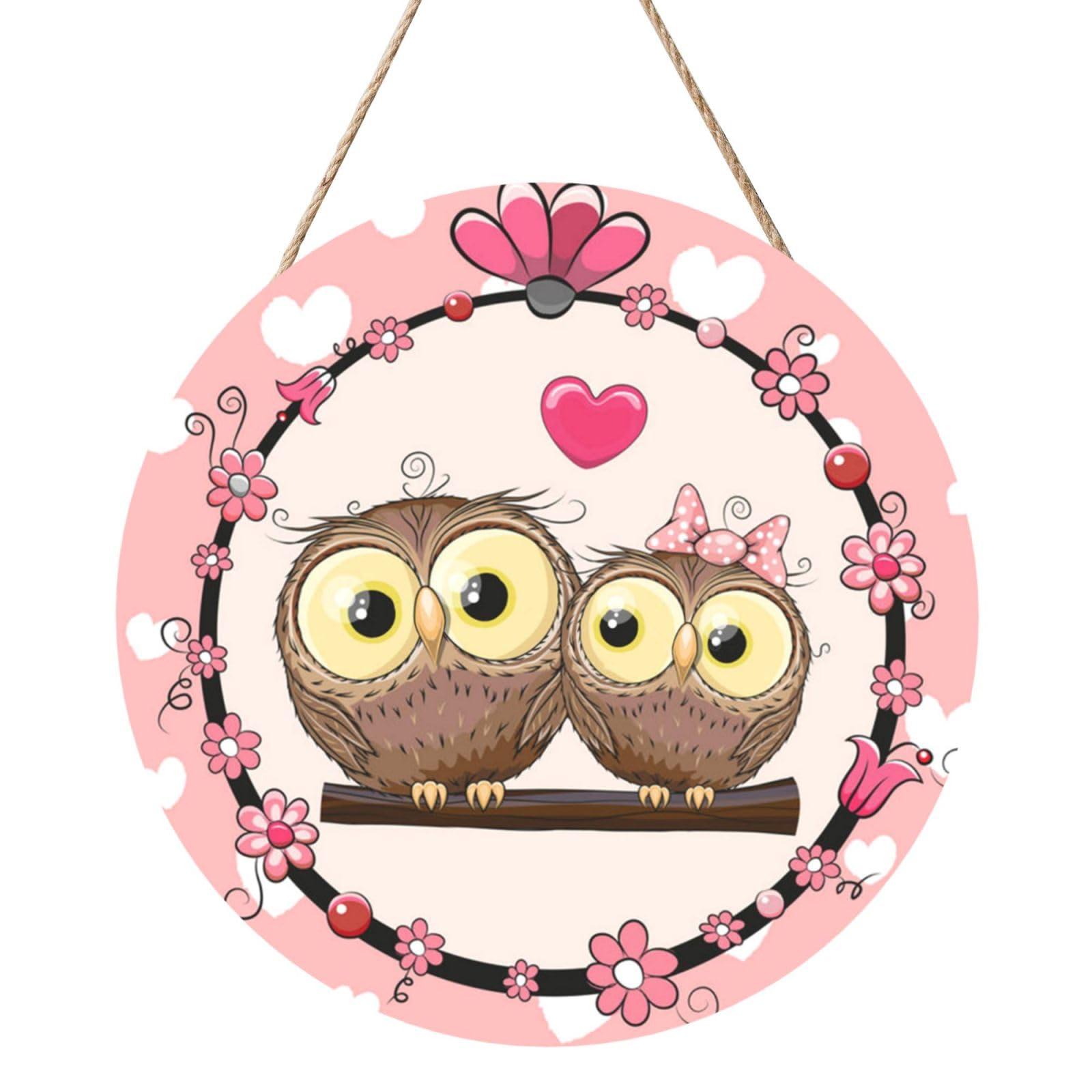 InOmak Two Cute Cartoon Owls, Round Wood Panel Painting 12 in, Wall Hanging Painting For Home