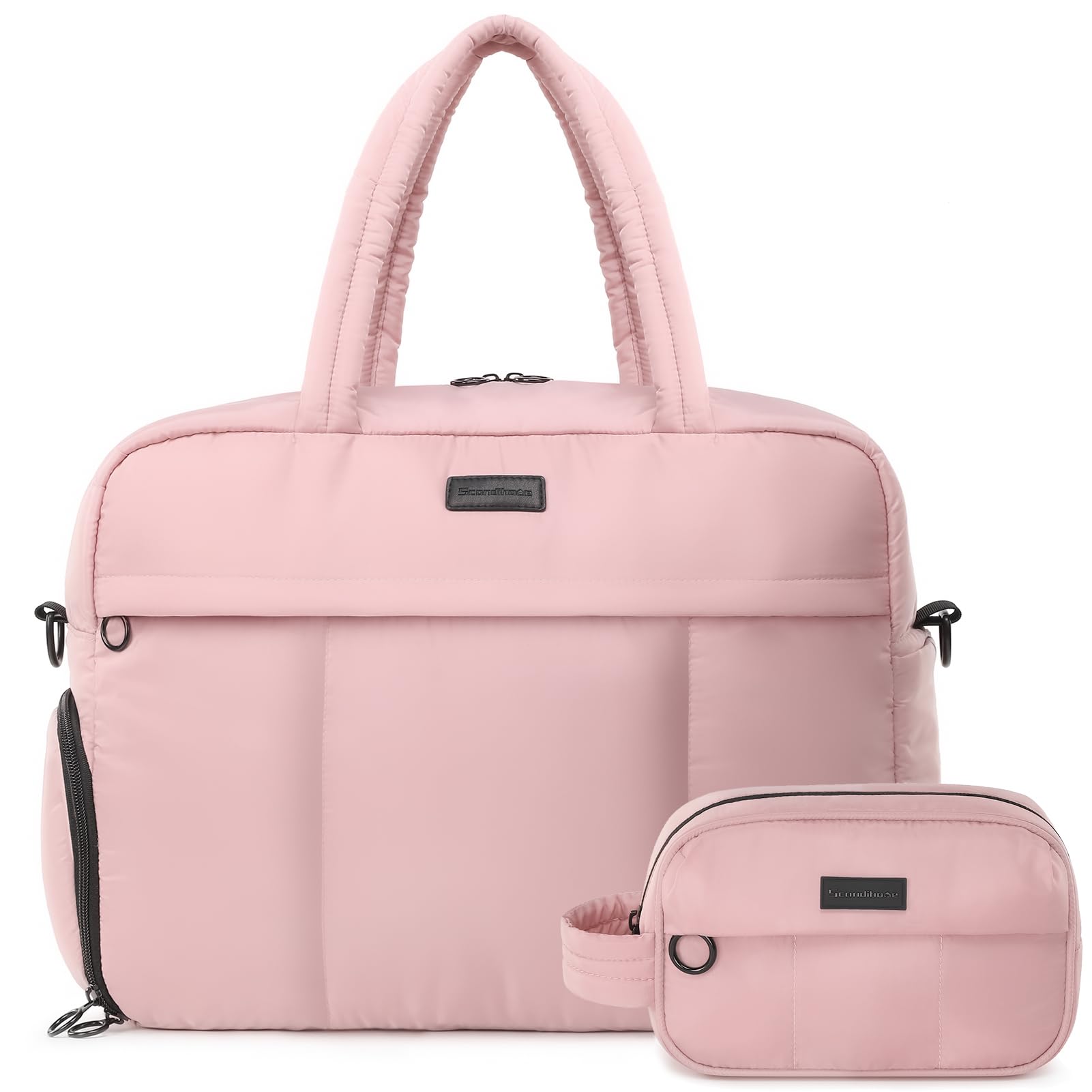 Linpr Puffy Duffle Bag, Waterproof Carry On Weekender Overnight Bag, Soft Travel Bag with Shoes Compartment and Small ID Bag, Large Opening Tote Bag, Sport Gym Bags for Women and Girls (Large Pink)