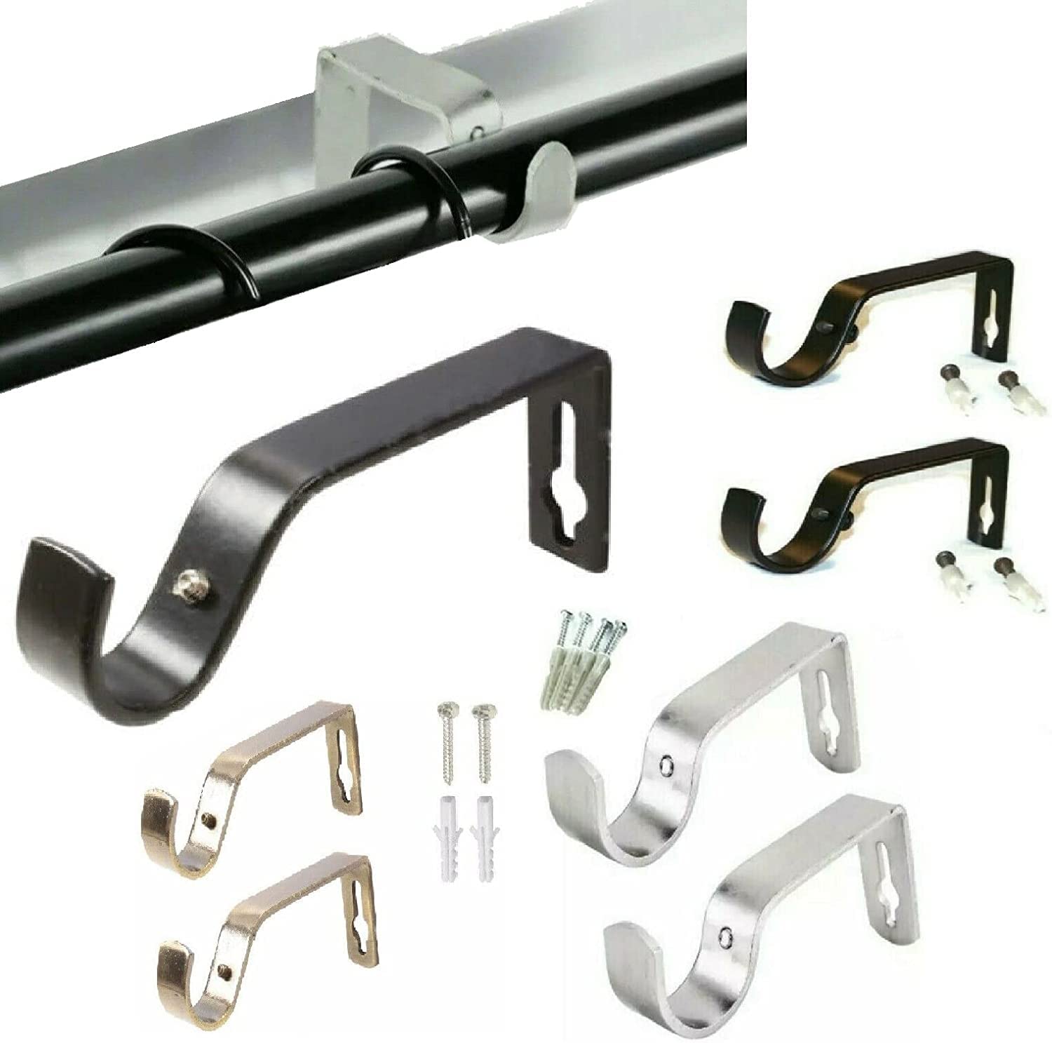 HTUK Curtain Pole Brackets 2Pcs - Metal, Brass Finish - Rust Resistant - Holds 16mm to 20mm Rods - Wall Mounted - Includes Screws