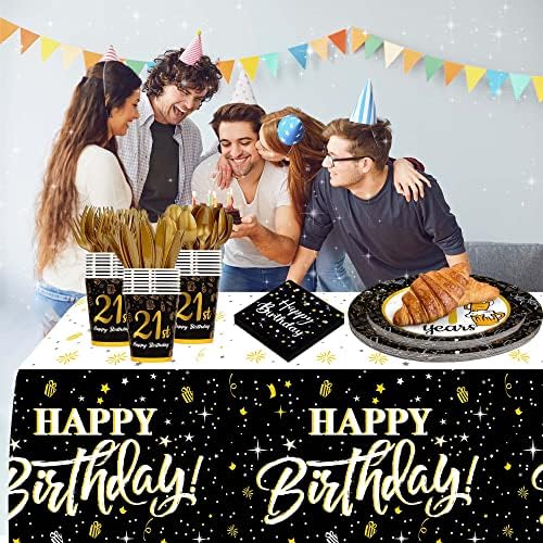 jenlion 21st Birthday Decorations for him her, Black Gold Birthday Supplies Plates and Napkins, Cups, Knives, Forks, Spoons Included, Tablecloth, Tableware for 24 Guests(Total 169pcs)