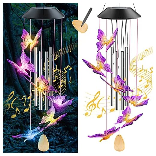 Butterfly Solar Lights Wind Chimes for outside Aluminum Tube Memorial Wind Bell Outdoor Waterproof for Garden/Patio Decor with Automatic Changing Color Thanks Gift for Mom Wife Grandma Neighbor Purple