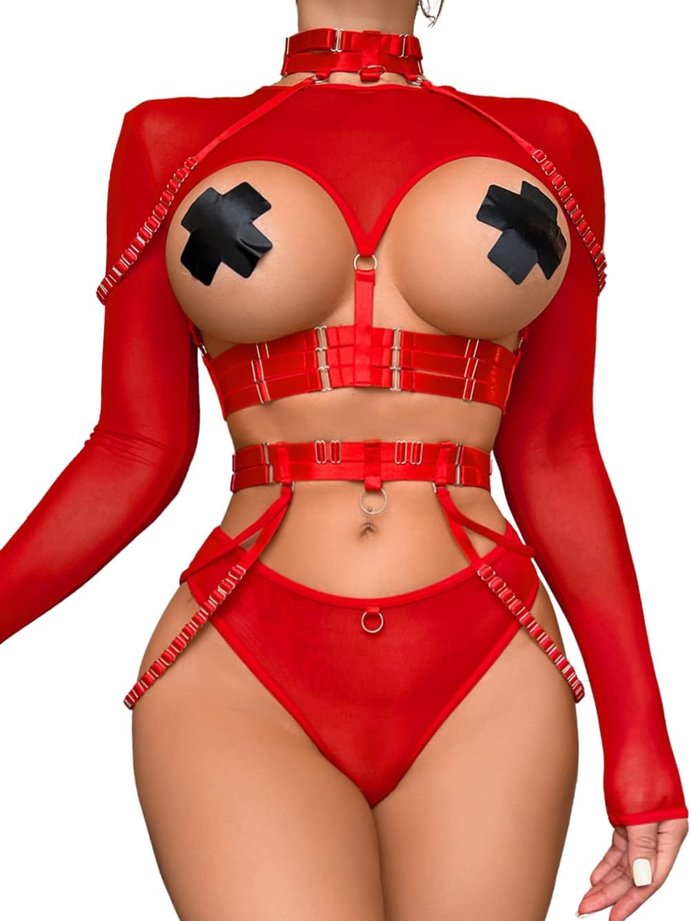 Kaei&Shi Rave Outfit, Adjustable Strappy, Contrast Color, Choker, Chain Belt