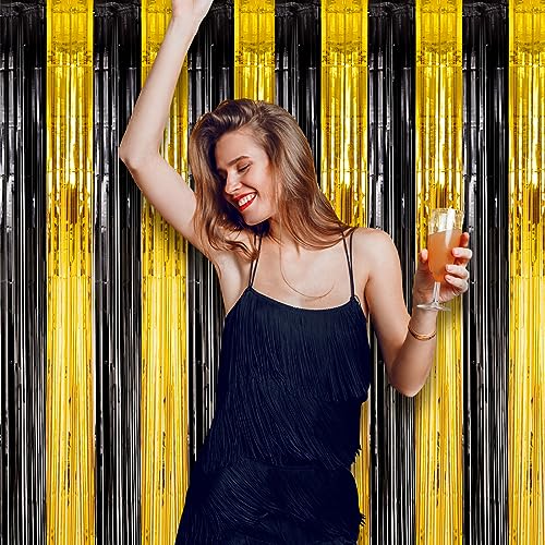 Image of Voircoloria 2 Pack Black and Gold Foil Fringe Backdrop Curtains, Tinsel Streamers Birthday Party Decorations, Fringe Backdrop for 2026 New Yew Decorations, Anniversary,Graduation, Retirements Party