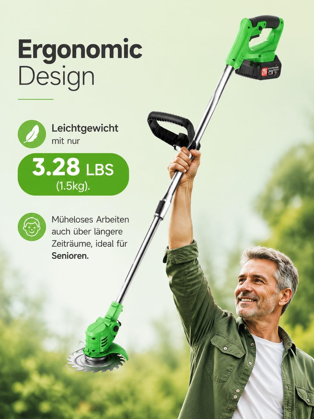 Decespugliatore a batteria, 21 V, con 2 batterie, 4 tipi di lame + 1 cesoie da potatura, manico telescopico regolabile, per giardino, prato, bordi del marciapiede