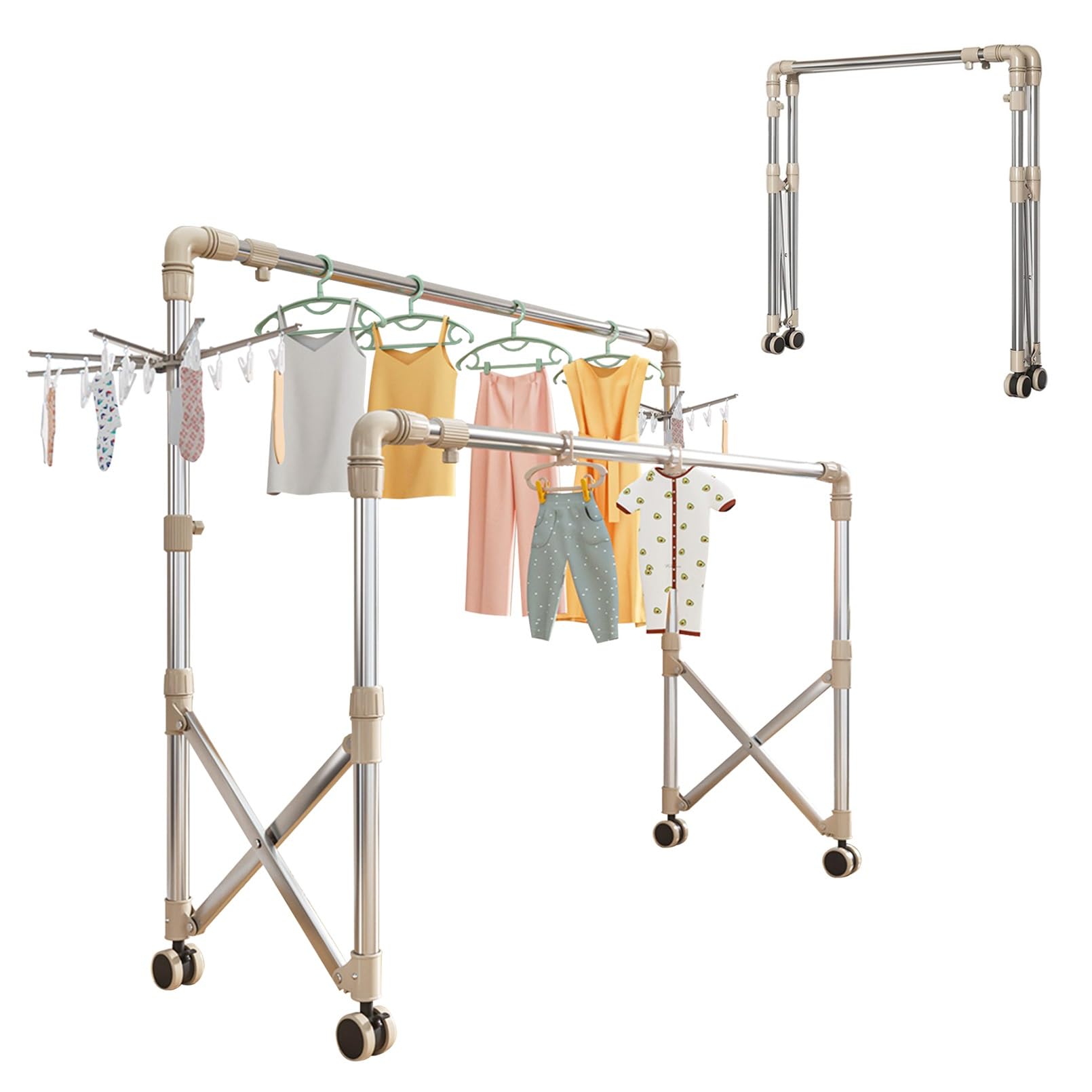 Stendibiancheria Estensibile Per Interni Ed Esterni, Stendibiancheria A Doppia Asta, Con Clip Per Calzini, Ottimo Per Piccoli Capi Per Vestiti, Calzini, Stendino Verticale Salvaspazio(220cm/87in)