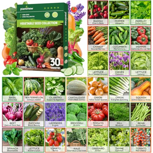 PLANTMEW 30 Heirloom Vegetable Seeds for Planting, 12,000+ Garden Seeds - Vegetable, Herb, Fruit Seeds - Survival Seed Vault with Tomato, Basil, Lettuce, Bean, Pepper, Squash and More