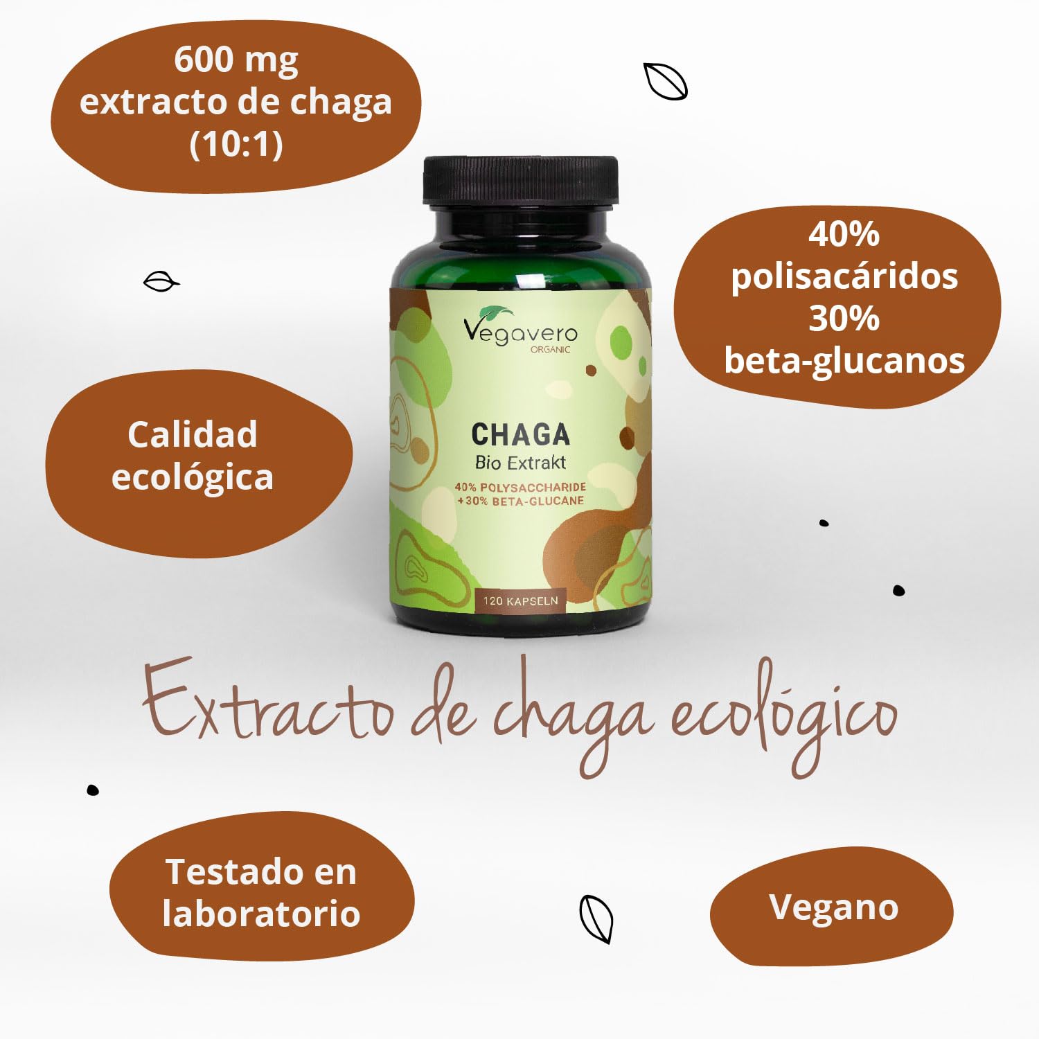 Chaga Orgánico Vegavero | Dosis Más Alta: 6000 mg (10:1) | 40% Polisacáridos & 30% de Betaglucanos | Sin Aditivos & Vegano | Inonotus obliquus | Mushroom BIO |120 Cápsulas