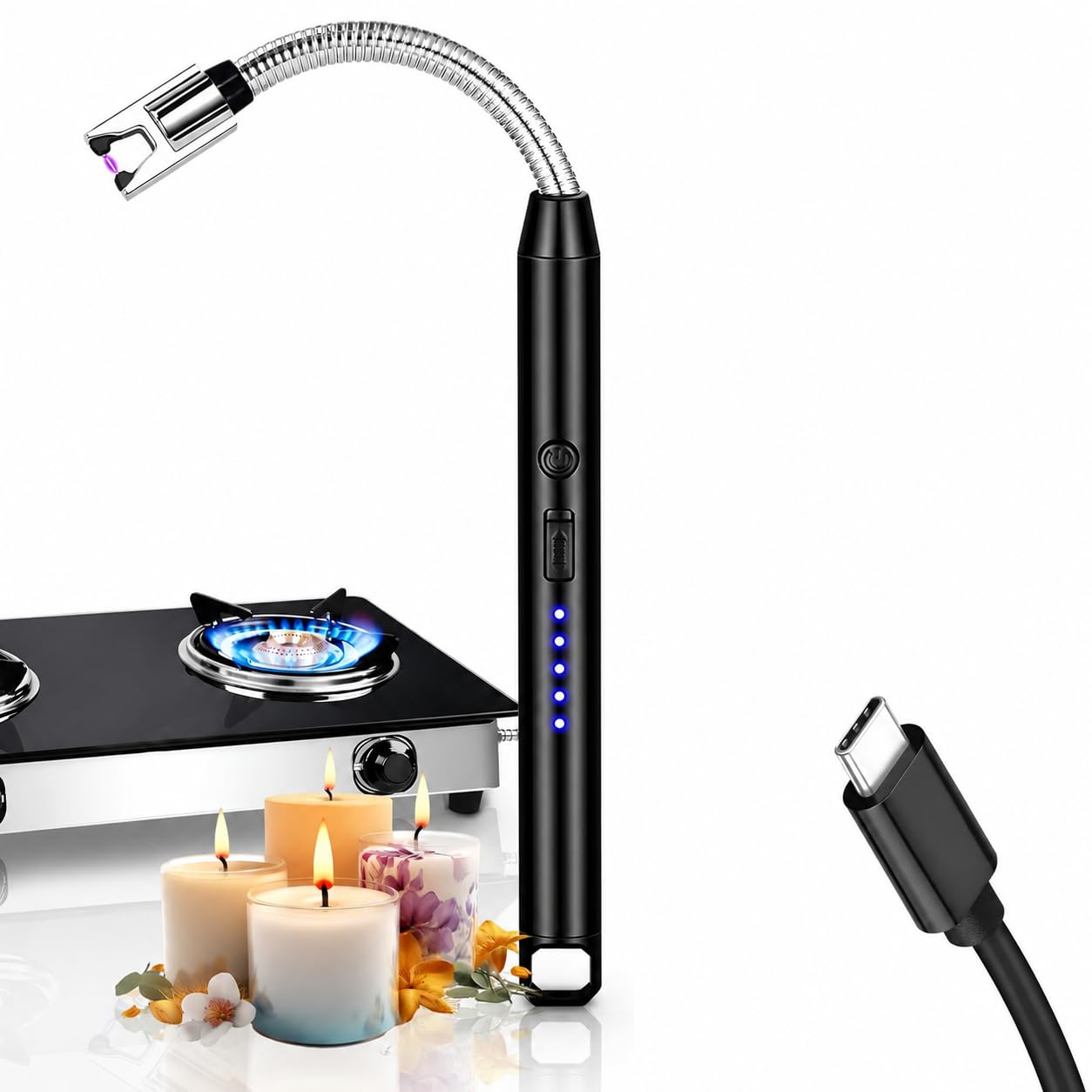 USB Rechargeable Electric Arc Lighter for Kitchen | Flameless Plasma Windproof Lighter with Flexible Neck & Safety Lock | Reusable Gas Stove, Candle, Diya, BBQ & Camping Lighter-image-44
