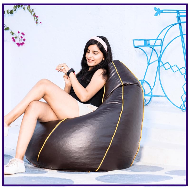 Image of King Comfort 3XL Faux Leather Pipping Bean Bag Cover with Foot Rest Without Beans with 1 Year Warranty | Lounge Chair Cover for Home, Office, Bedroom, Hall (Tear Drop Shape with Pipping) (Choclate)