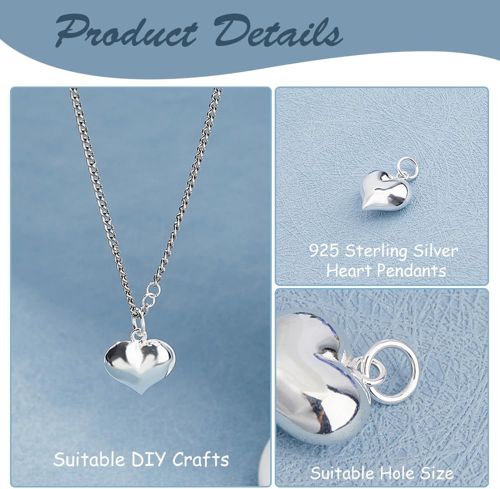 1pc 925 Sterling Steel Silver Heart Charm Puffed Heart Pendants Charm 3D Heart Dangle Pendant Charms with Jump Ring for DIY Necklace Bracelet Earring Keychain Jewelry Making - Image 4