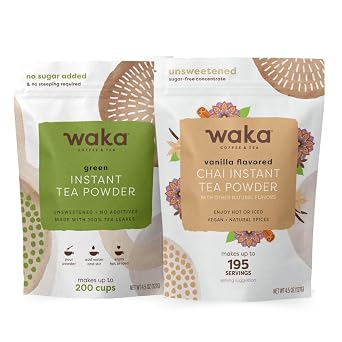 Waka Premium Instant Coffe & Tea Bundle & Save No Sugar Added & Unsweetened Concentrated Tea Powder Vanilla Chai & Classic Green