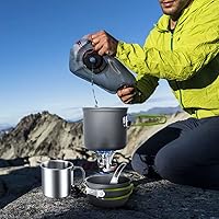 Vista 6 de Odoland - Juego de 8 utensilios de cocina para acampar, juego de ollas y sartenes con mini estufa de mochilero, taza de acero inoxidable, soporte