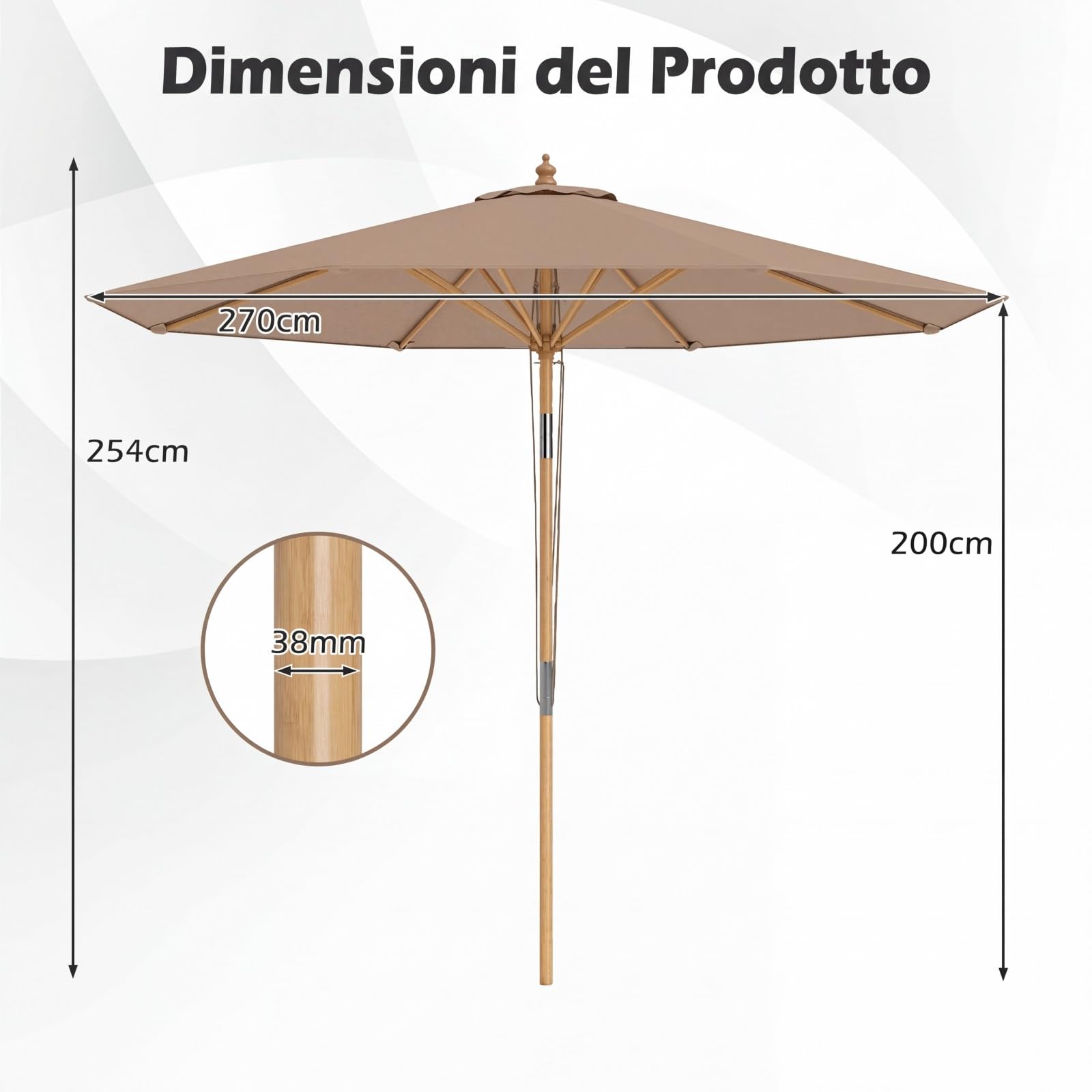 COSTWAY Ombrellone da Giardino 280 cm, Ombrellone Inclinazione Regolabile a 30°, con 8 Stecche, per Spiaggia Piscina Cortile (Marrone)
