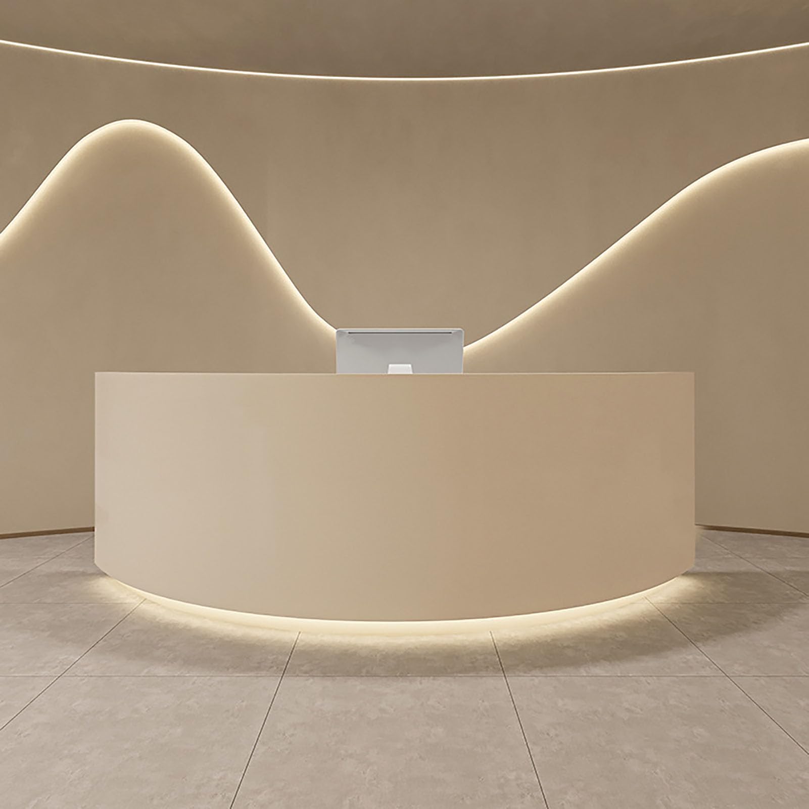 BK&MF Modern Curved Reception Desk 47-59Inch Front Counter Table White Front Counter Table with Storage and Lockable Drawer for Salon Lobby Shop,E,