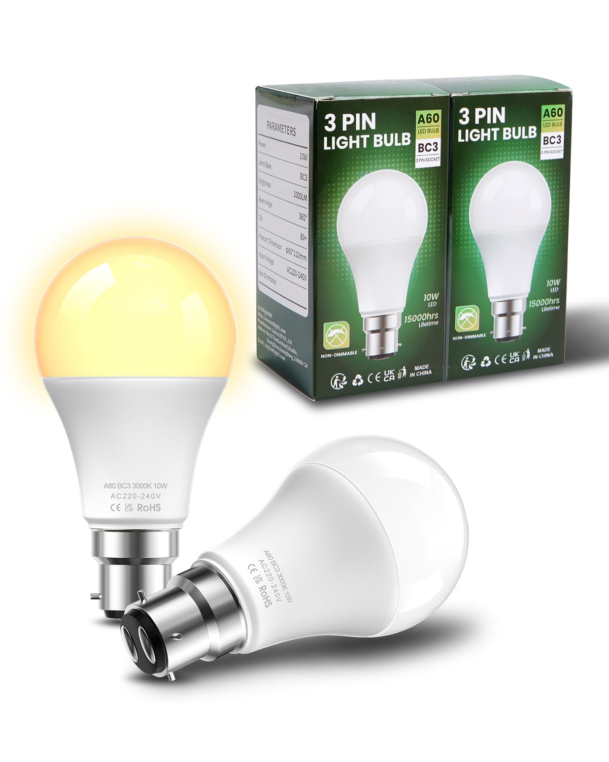 BrightArk BC3 3 Pin LED 10W Energy Saving Light Bulbs Warm White 3000K Non-Dimmable A60 Pin for Ceiling Landing, Hallway (2 Pcs)