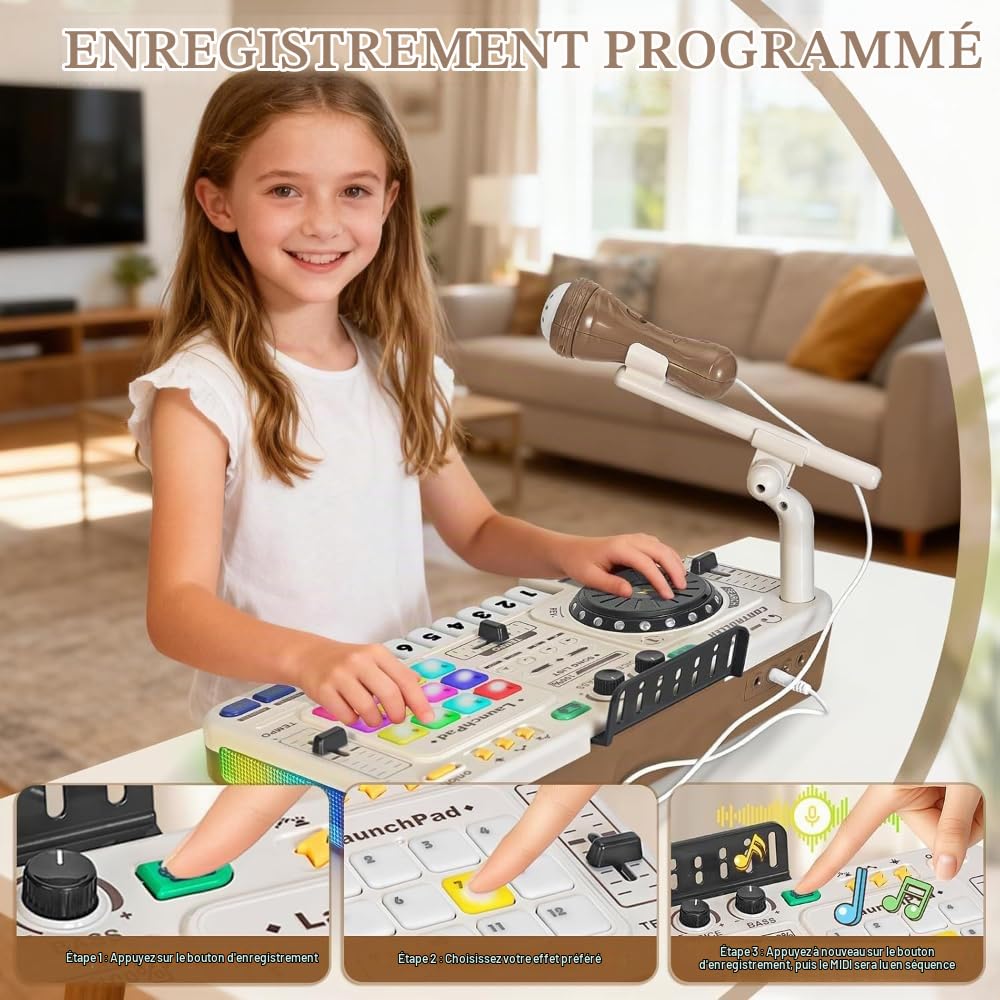 NEWFUN Platine Dj Enfant，Table Mixage Enfant，Bluetooth Avec Microphone Réglable, Adapté Aux Fêtes, Jouet Musical Interactif, Lumières à Effets Sonores Dégradés,Convient Aux Enfants De 3 à 12 Ans.
