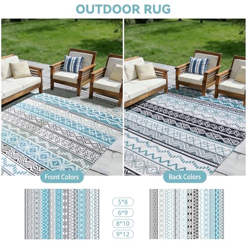 Outdoor Rug 6 x9 ft, Plastic Rug for Patio, Blue & Grey - Image 2