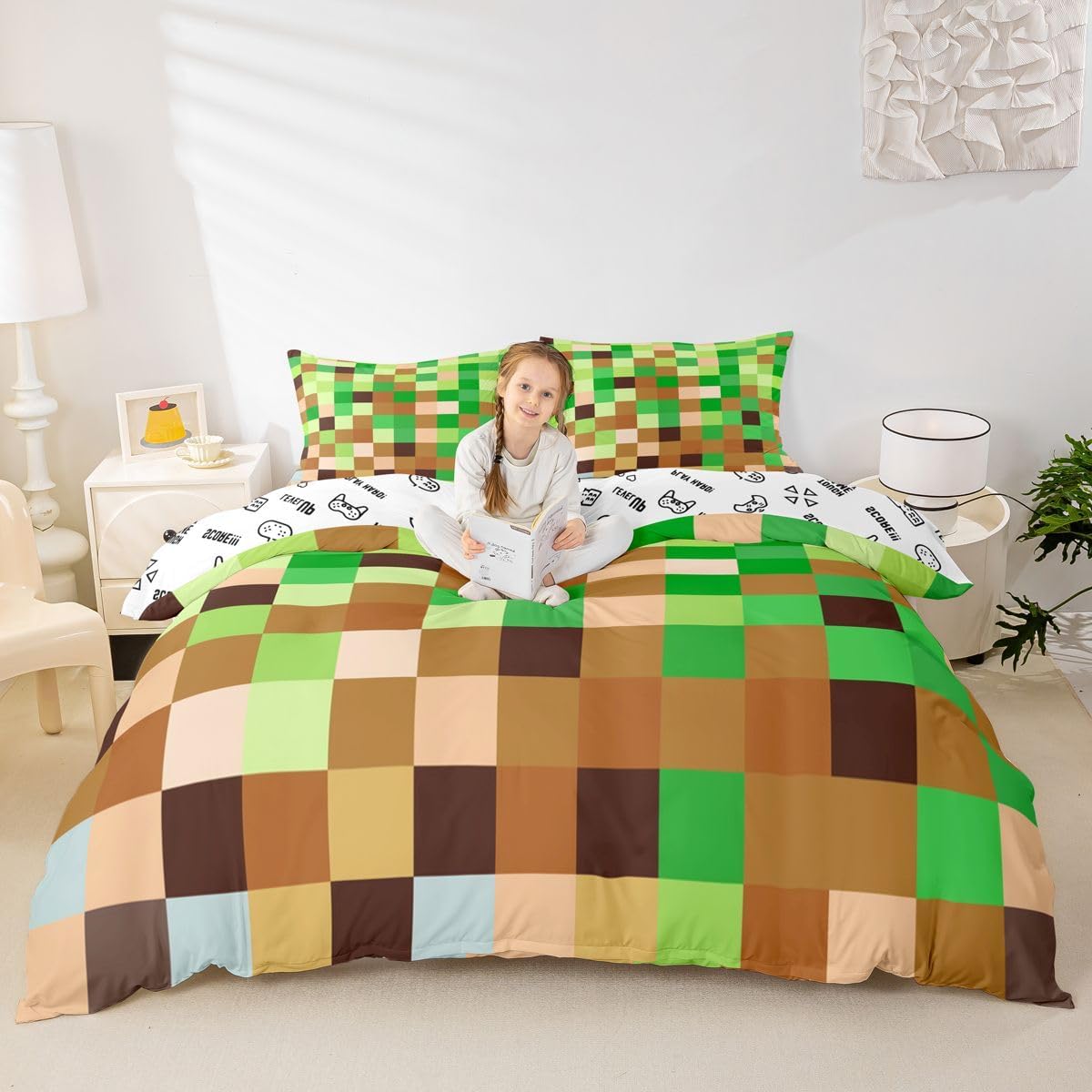 Manfei Pixelated Miners Game Duvet Cover Set Full Size,Geometric Check Video Games Kids Bedding Set,Gamepad Grid Modern Gaming Room Decor,Beige Green Brown Quilt Cover,2 Pillowcases(No Comforter) image 3
