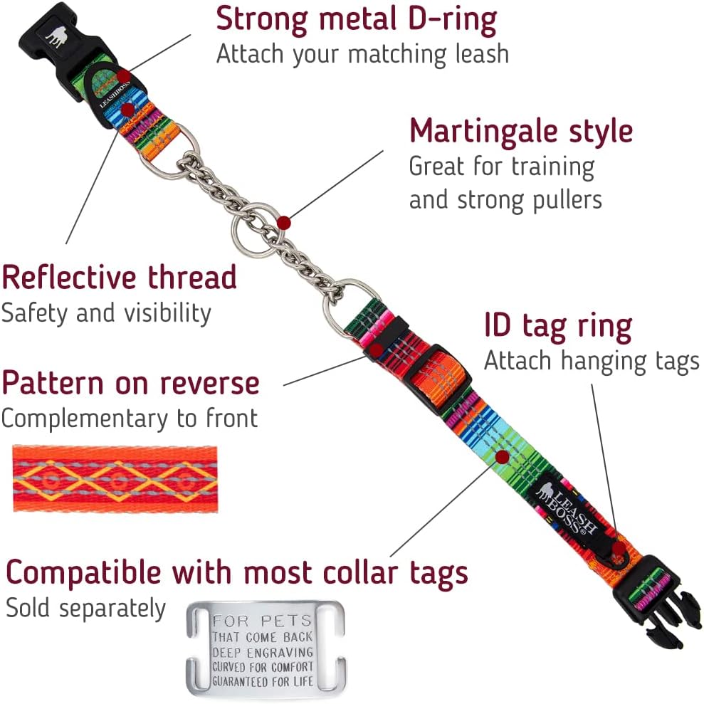 Leash Boss Chain Martingale Patterned Reflective Collar and 6 Ft Double Handle Leash with Padded Handles, Medium Collar 14.5-17" Neck, Orange Blanket Pattern
