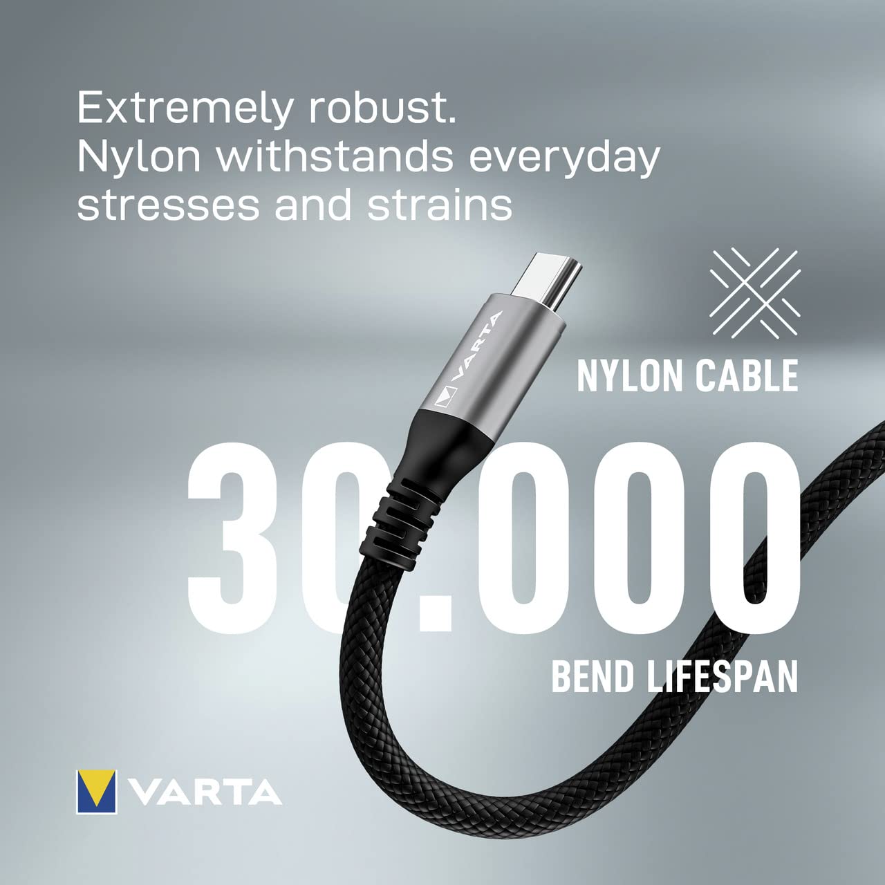 VARTA Speed Charge & Sync cable (USB Type C to USB Type C, power and data transfer, 2m), black, nylon