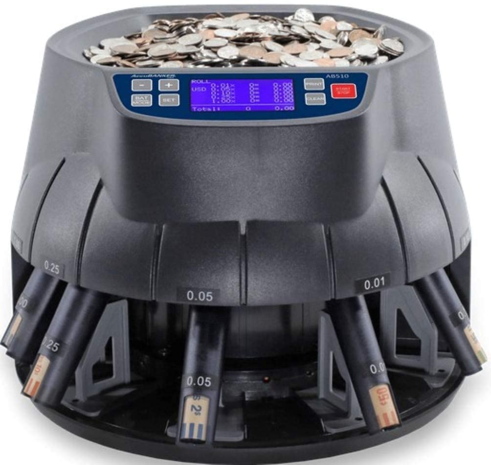 AccuBANKER AB510 Professional USD Coin Counter, Coin Sorter Roller & Wrapper Machine, 350 Coins/Min, Digital Counting Display & Printer Compatible, Commercial Grade