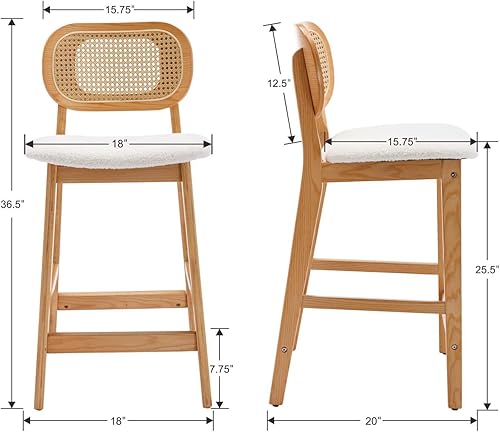 Miniatura 2 de EALSON Juego de 2 taburetes de bar con respaldo de ratán, sillas de bar modernas de madera de mediados de siglo, cómodas sillas de isla de cocina