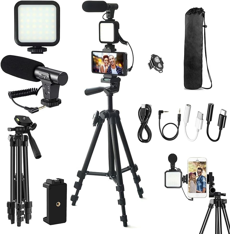 Ultimate Vlogging Kit: 50 Extendable Tripod Microphone Light Remote for iPhone/Smartphone/Cameras - Perfect YouTube Starter & Video Maker Kit (Android and iPhone Compatible Rechargeable LEDs)