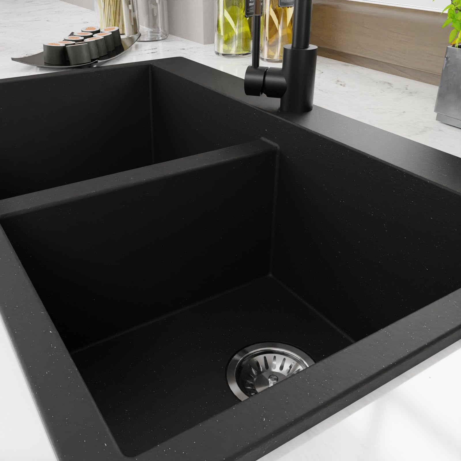 Lavello Fregadero de granito Grafito – Fregadero de montaje profundo 81x47,5 cm – Fregadero de cocina 2 pilas, fácil de cuidar, resistente a los arañazos, reversible – incluye juego de desagüe y