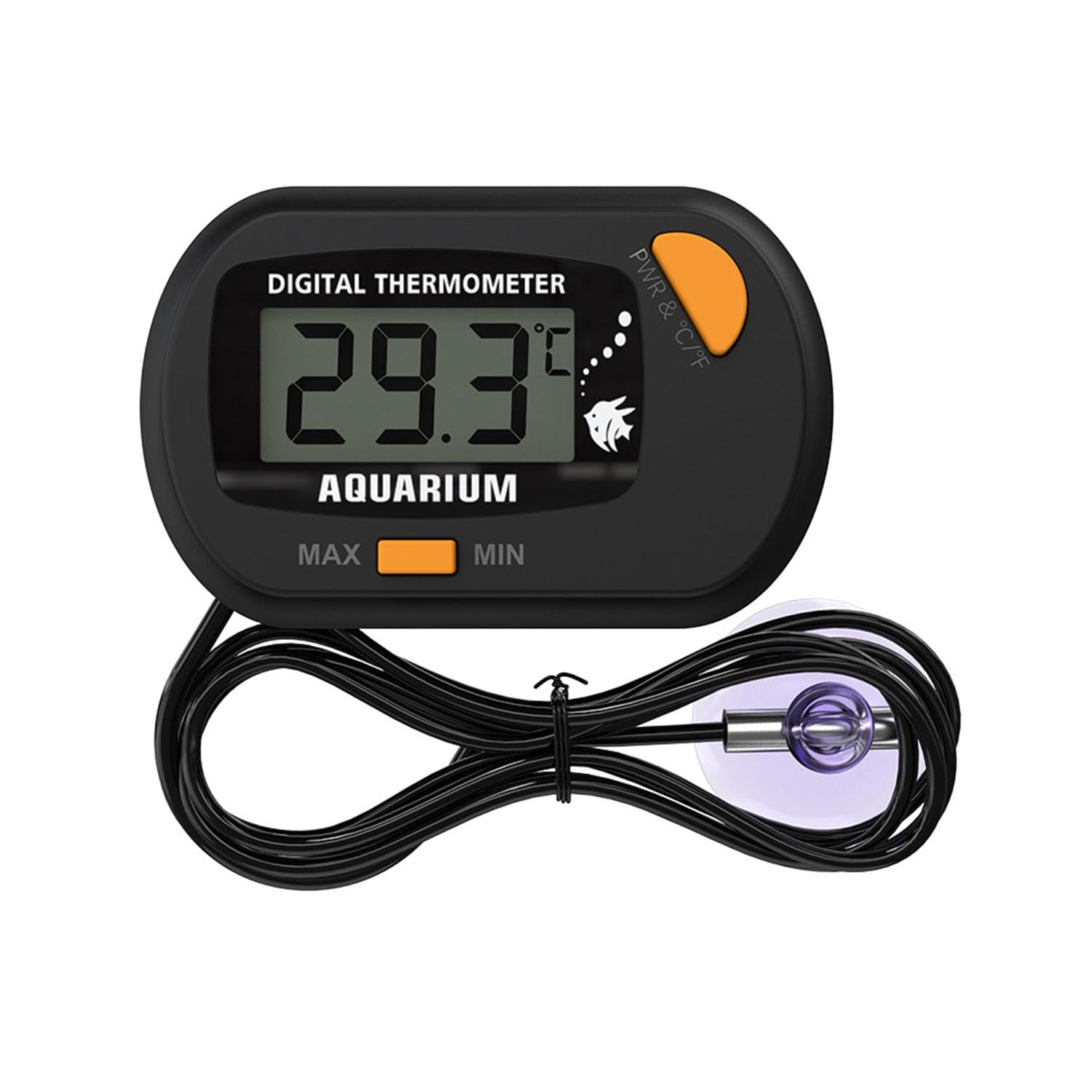 INRIGOROUS - Termómetro digital para acuario, con sonda y ventosa, pantalla máxima y mínima, termómetro de agua con pantalla LCD grande para terrario de reptiles (A, negro y naranja, 1)