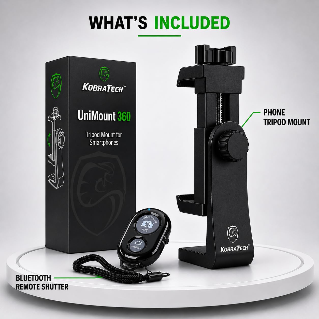 KobraTech Supporto Smartphone Treppiede - UniMount 360 Adattatore Smartphone Treppiede con Otturatore Remoto Bluetooth