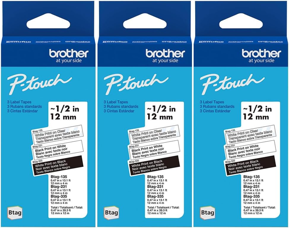 Brother Genuine P-Touch BTAG3M01 Label Tape 12mm (0.47") 13.1 ft – Black on White, White on Black, White on Clear – 3 Pack for PT-N10, PT-N20, PT-N25BT Label Makers