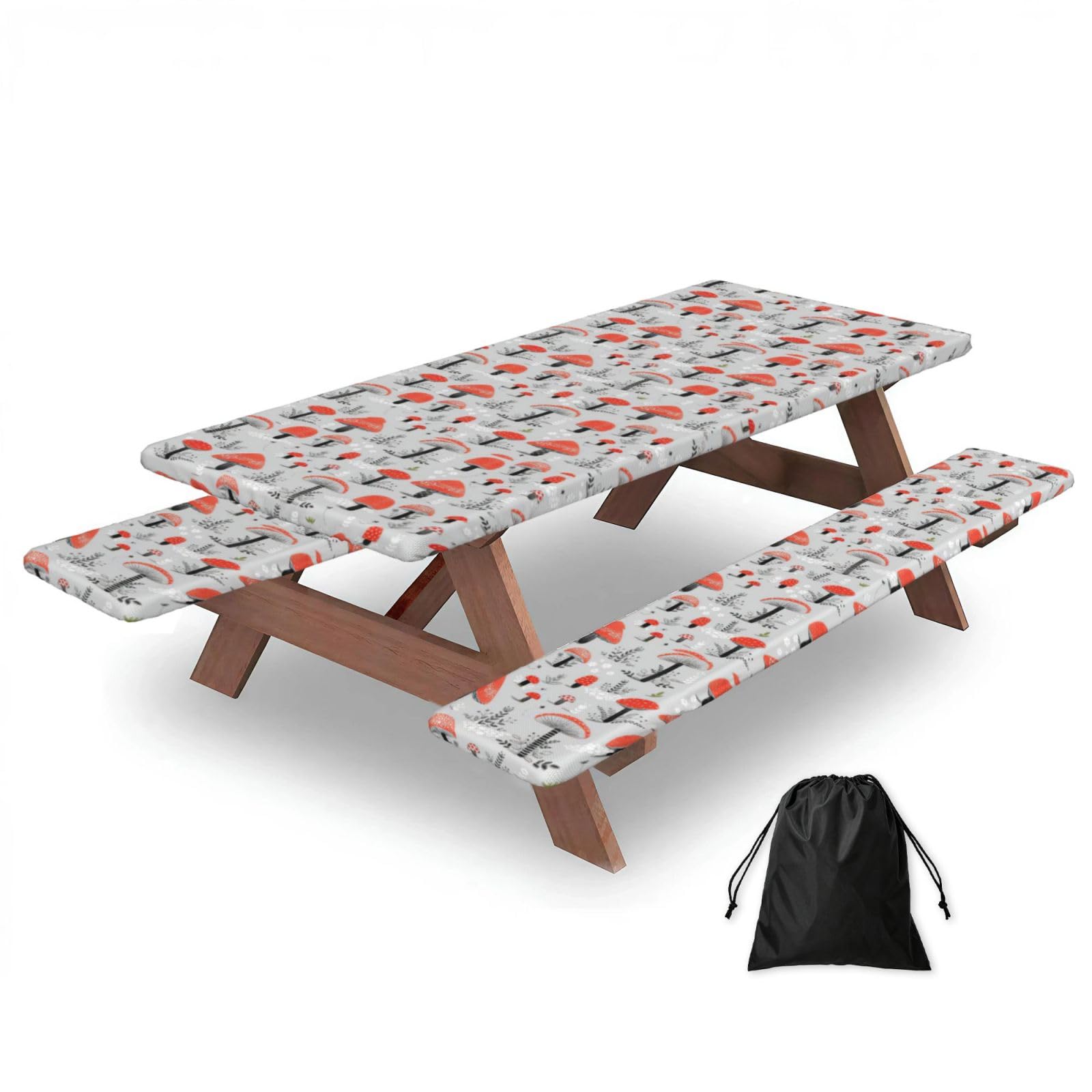 Zyjhyy Black Cartoon Mushrooms Print 3 Pack Wipeable Picnic Bench Cover And Table Cover Lightweight Table Cloth For Camping Outdoor