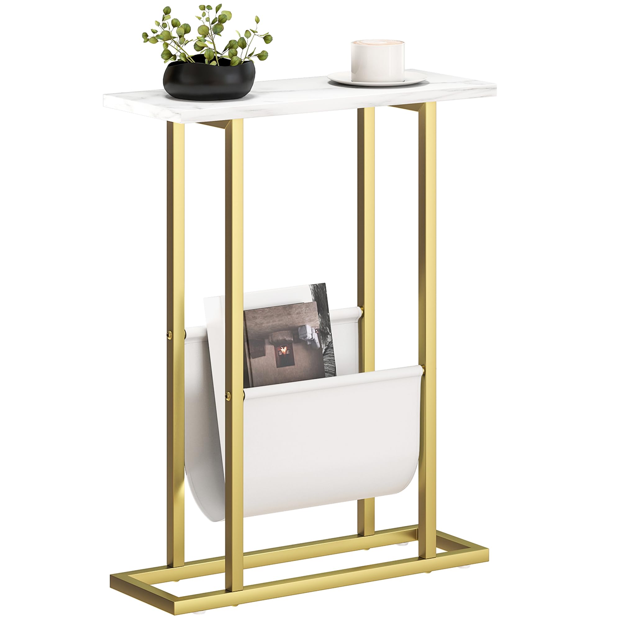 HOMCOM Narrow Side Table, Slim End Table with Magazine Holder, Modern Nightstand for Small Spaces, Living Room, Bedroom, 45 x 18 x 58.5 cm, White Marble Grain