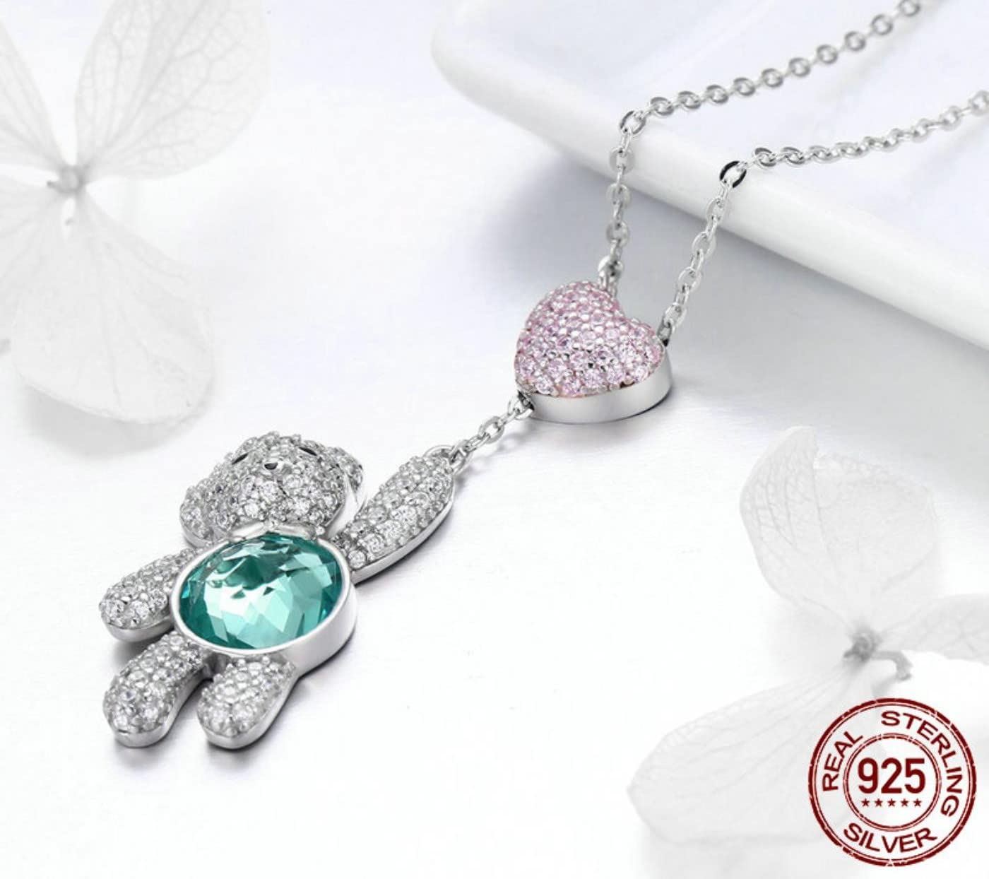 100% Argento Sterling 925 Rosa CZ Cuore e Simpatico Orso Animale collane con Ciondolo per Le Donne Gioielli in Argento Regalo