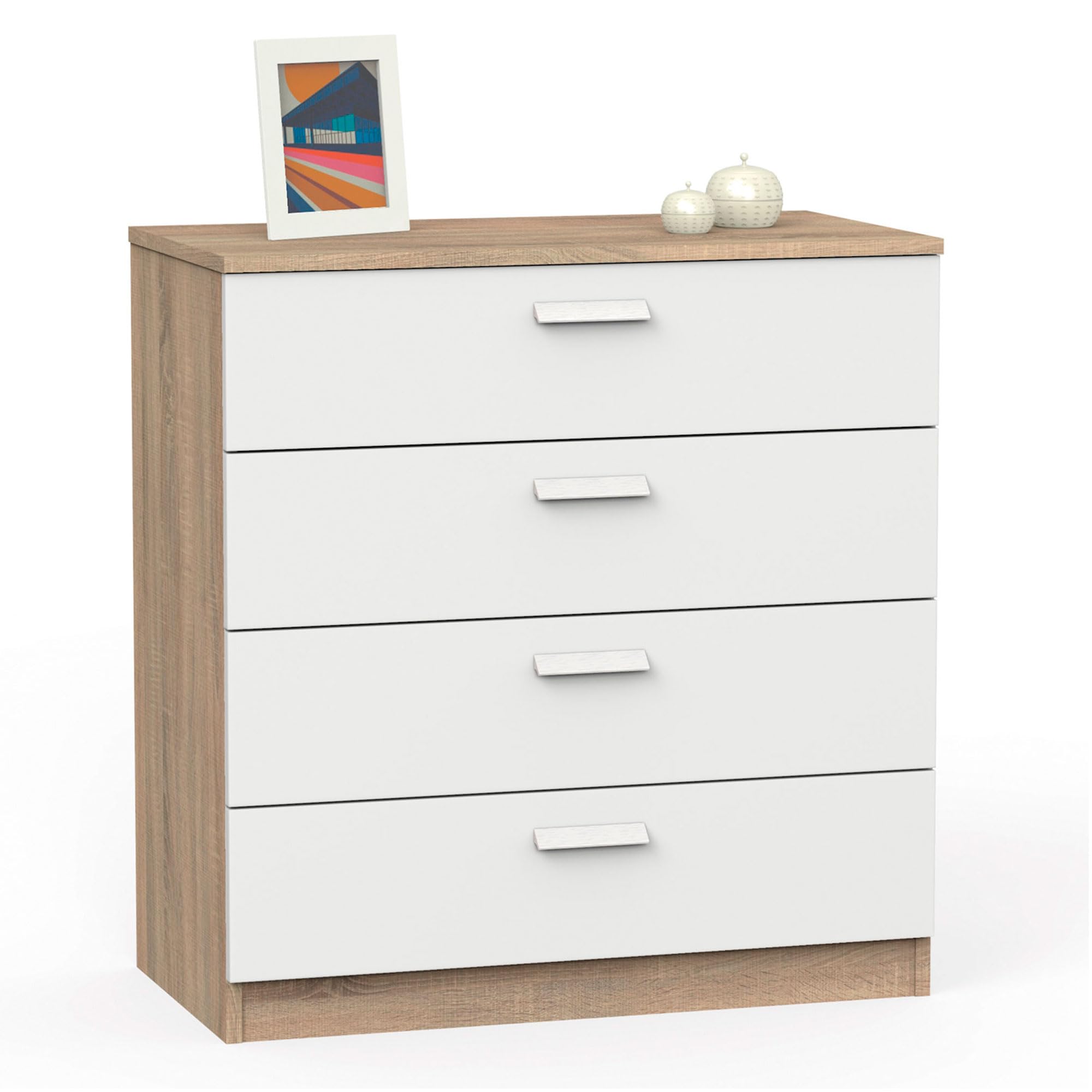 briebe Cómoda Dormitorio, Cajonera 4 Cajones, Sinfonier 78x74x40 cm (Alto x Ancho x Profundo), Habitación Matrimonio, Juvenil, Infantil, Nova Roble Cambrian/Blanco