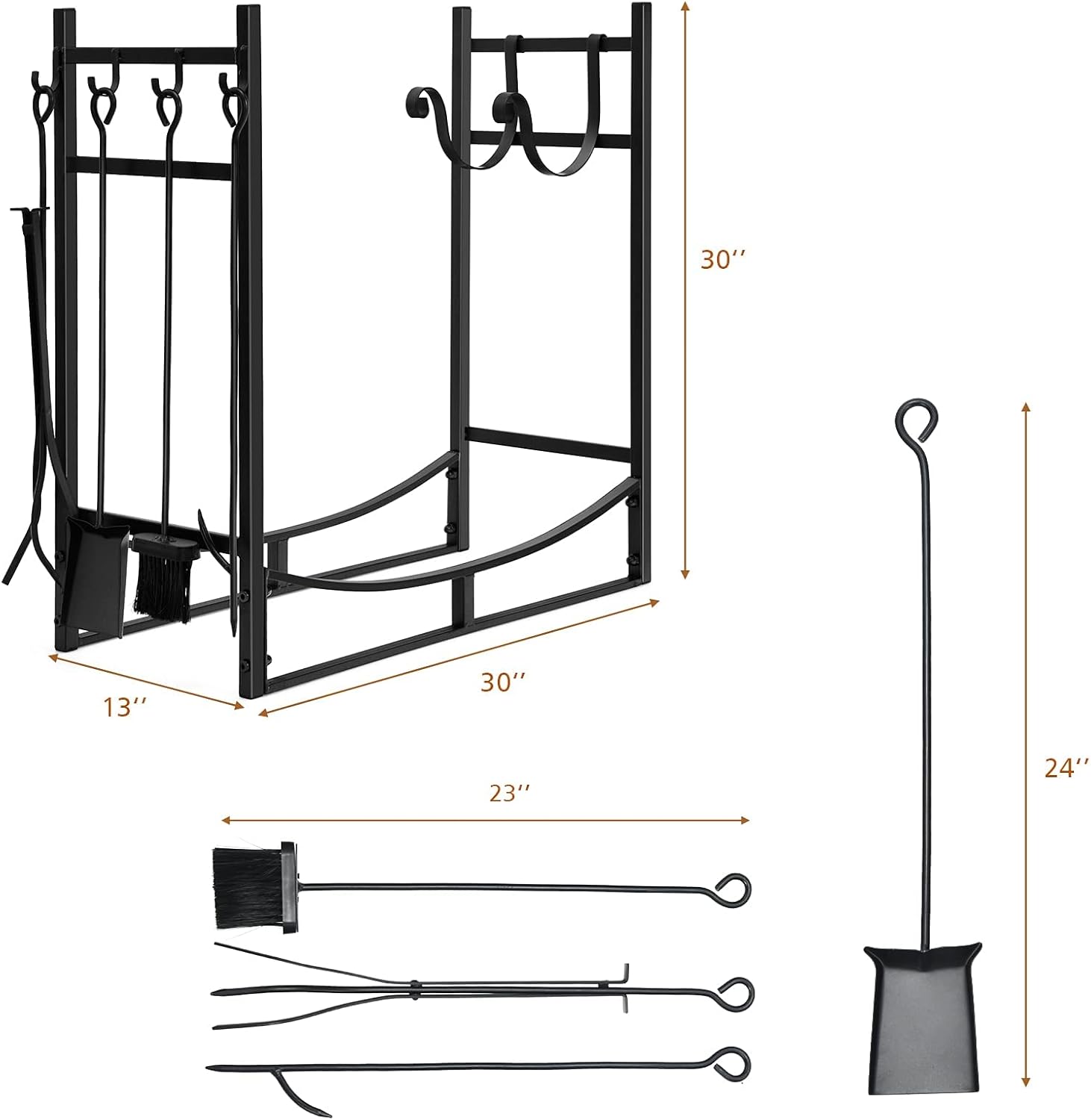 Goplus Firewood Rack Indoor, 30” Firewood Holder with 4- Piece Fireplace Tools-Shovel, Poker, Tongs, Brush, Kindling Holders, Heavy Duty Indoor Log Storage Rack, Outdoor Wood Rack for Fire Pit, Stove